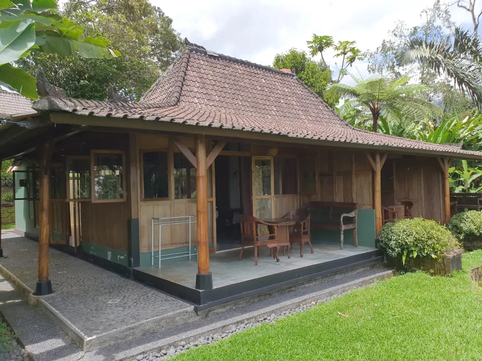 A teak cottage with a tiled limasan roof, its veranda shaded by a tree fern